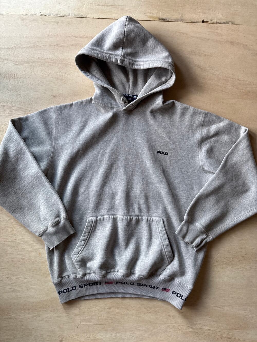 Vintage 90s Polo Sport Ralph Lauren Gray Short Sleeve Hoodie Mens M Logo